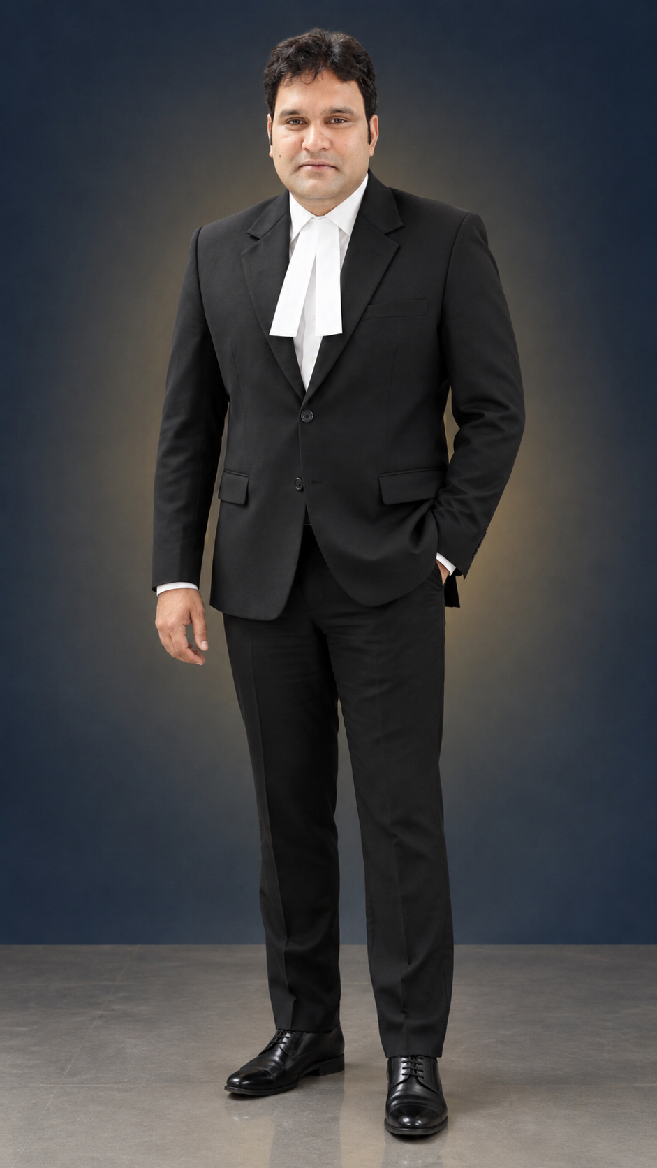 Portrait of Rikesh Singh wearing a black advocate coat and white neck bands